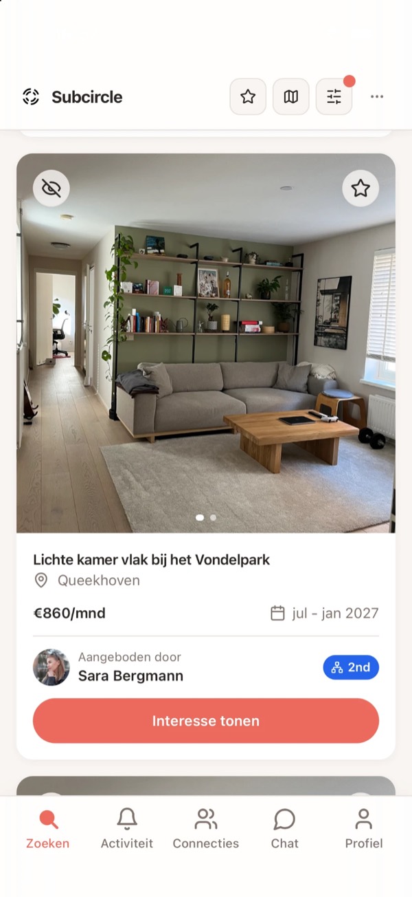 Een kamer in de Subcircle app, met de prijs, de periode en hoe je de aanbieder kent