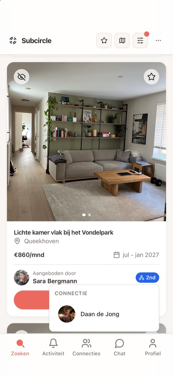 Een kamer in de Subcircle app met de gedeelde connectie open, met de vriend die jullie allebei kennen